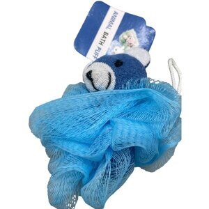 Animal bath puff blue white black bear head light blue puff 4.5" long NEW